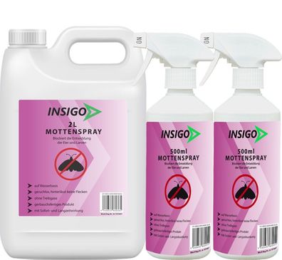 INSIGO 2L + 2x500ml Mottenspray Mottenschutz gegen Kleidermotten Lebensmittelmotten