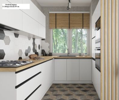 Küchenzeile U-Form 255x185cm + 120 cm, LE-BLA, Soft Close Funktion, Weiß Hochglanz