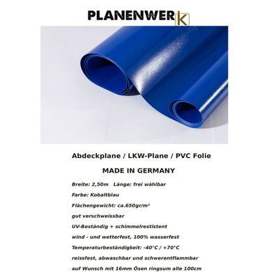 Abdeckplane PVC Folie LKW Plane 2,50m x 9,00m Kobaltblau 620gr/ m² inkl.Ösen