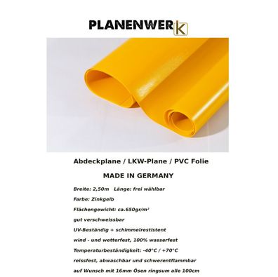 Abdeckplane PVC Folie LKW Plane 2,50m x 9,00m Zinkgelb 620gr/ m² inkl.Ösen