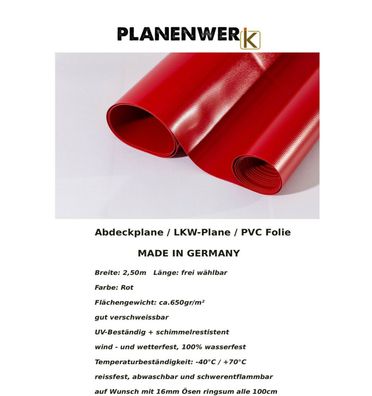 Abdeckplane PVC Folie LKW Plane Holzplane 2,50m x 6,00m Rot 620gr/ m² inkl.Ösen