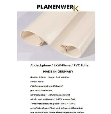Abdeckplane PVC Folie LKW Plane 2,50m x 7,00m Weiß 620gr/ m² inkl.Ösen