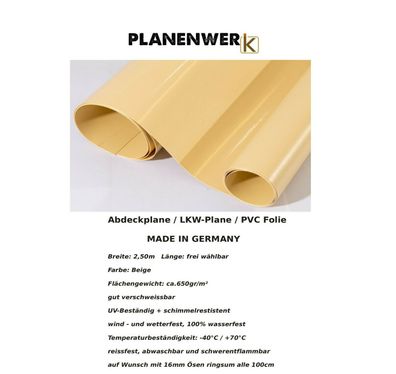 Abdeckplane PVC Folie LKW Plane 2,50m x 6,00m Beige 620gr/ m² NEU Made in Germany