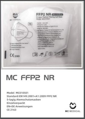 100 Stück Atemschutzmasken Masken FFP2 NR CE2163 einzeln verpackt Zertifiziert