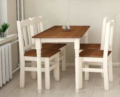 Essgruppe Kiefer Holz 120 cm x 70 cm Tisch und 4 Stühle Weiß