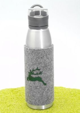 Trinkflasche Sportflasche mit Filzhülle Hirsch im Sprung in grau 650 ml