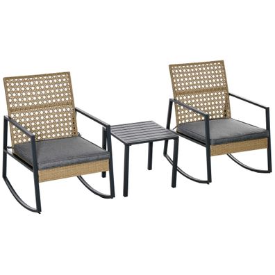 Outsunny®Rattan-Schaukelstuhl 2 Stühle 1 Tisch mit Kissen Stahl Natur + Grau