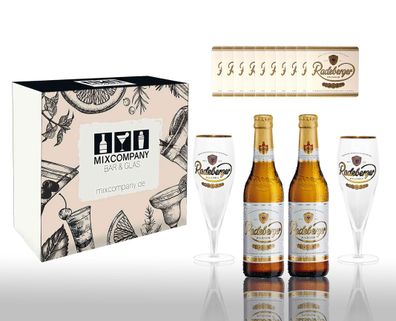 Radeberger Premium Pils Geschenkset 2x Bier 0,33L (4,8% Vol) + 2x Glas + 10x Bi
