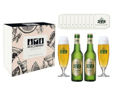 Jever Pilsener Geschenkset 2x Bier 0,33L (4,9% Vol) + 2x Glas 0,2L + 10x Bierde