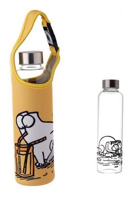 Simon´s Cat Trinkflasche Glas in Neopren-Hülle Wasserflasche NEU