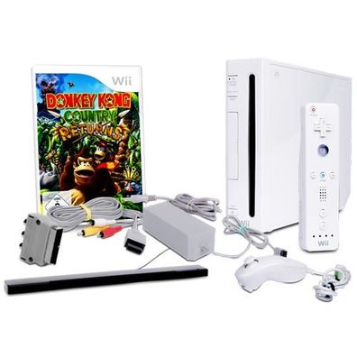 Wii Konsole in Weiss + alle Kabel + Nunchuk + Fernbedienung + Spiel Donkey Kong ...