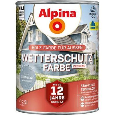 Alpina Wetterschutzfarbe Holz-Farbe für Außen deckend Silbergrau 2,5 L