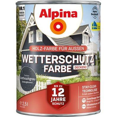 Alpina Wetterschutzfarbe Holz-Farbe für Außen deckend Anthrazitgrau 2,5 L