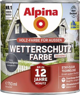 Alpina Wetterschutzfarbe Holz-Farbe für Außen deckend Anthrazitgrau 750 ml