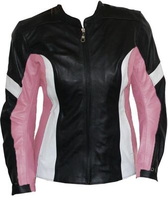 Damen Motorrad Lederjacke, Farbe: Schwarz/ Pink/ Weiß