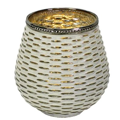 Windlicht Teelicht Halter Glas H=10cm Muster weiß gold Kerze Laterne Deko Tisch