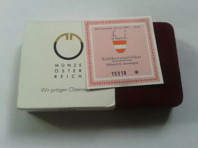 Umverpackung, Zertifikat + Etui für 500 Schilling 1996 Jasomirgott Gold - NO coin