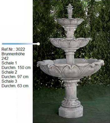 Brunnen aus Weißstein mit drei Schalen und einer Zapfenfigur ( Ref. Nr. 3022 )