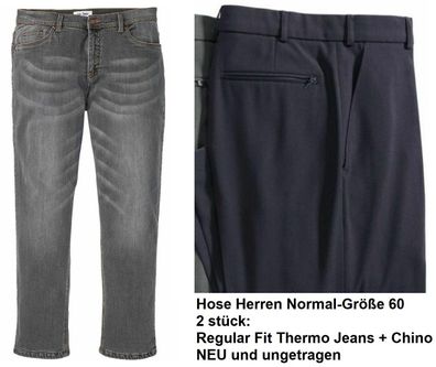 Hose Herren Normal-Größe 60, 2 stück: Regular Fit Thermo Jeans + Chino. NEU ungetrrag