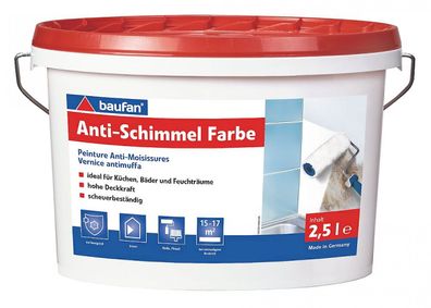 baufan® Antischimmel-Farbe 2,5 l weiß für Küchen, Bäder und Feuchträume