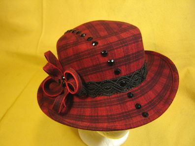 Trachtenhut Einzelstück Damenhut rot schwarz kariert mit Band handgearbeitet DH224
