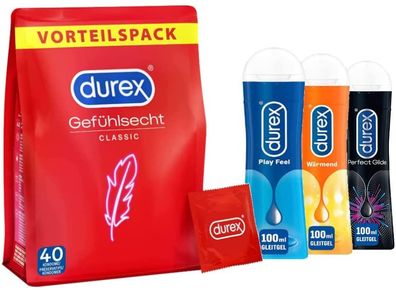 Durex Gefühlsecht-Set Classic Kondome, 40 Stück & Gleitgel Mix-Pack, 3 x 100 ml