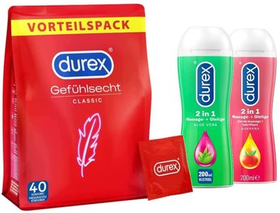 Durex Gefühlsecht-Set Classic Kondome - 40 Stück & 2-in-1 Massage Gel 2 x 200 ml