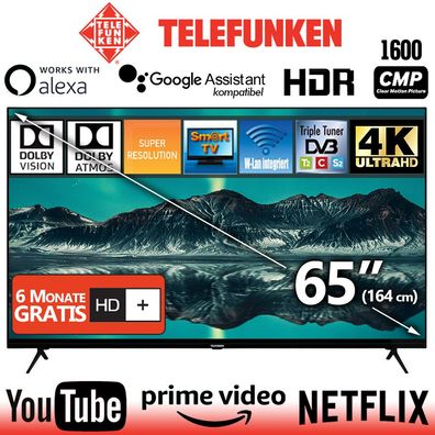 Telefunken TV 65 Zoll Fernseher Smart HDR 4K UHD HDR Prime Netflix Ultra HD 65"
