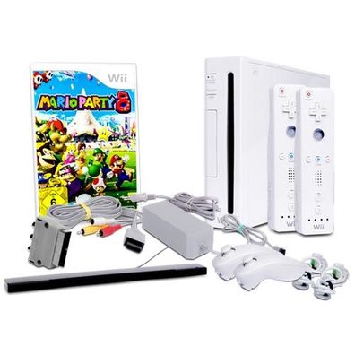 Wii Konsole in Weiss + alle Kabel + 2 Nunchuk + 2 Fernbedienung + Spiel Mario Party 8