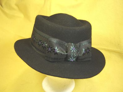 klassischer Trachtenhut schwarz traditionell gerader Rand mit Seidenwebband DH244