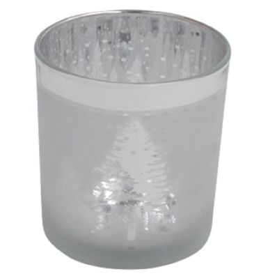 Windlicht Teelicht Halter Glas H=8cm Muster weiß silber Kerze Laterne Deko Tisch