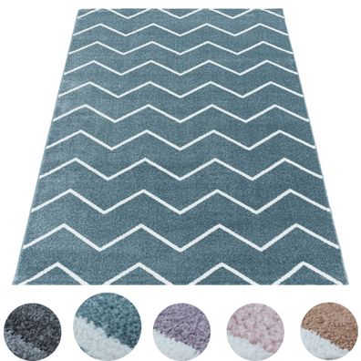 Kurzflor Teppich Blau Wellen Linien Design Wohnzimmerteppich Kinderteppich