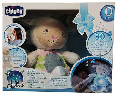 Chicco 90902 First Dreams Schaf Lullaby Plüschtier blau mit Baby Nachtlicht, Mus