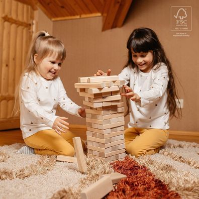 Wackelturm Holz Jetris 64 Klötze Familienspiel 5 in 1 Holzspielzeug aus Birke