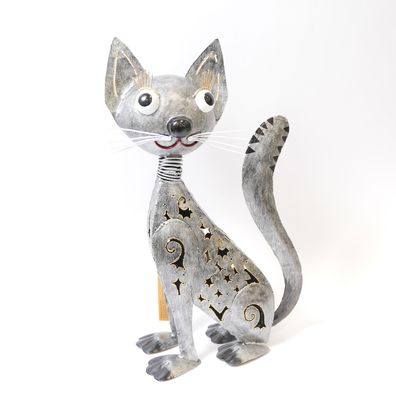 Gartenfigur Dekofigur Katze aus Metall beweglicher Kopf anthrazit/ gold H 46