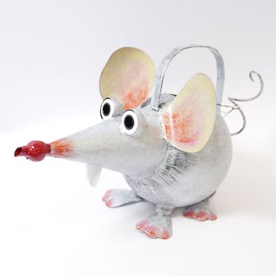 Gartenfigur Dekofigur Giesskanne Maus aus Metall grau H 26.5
