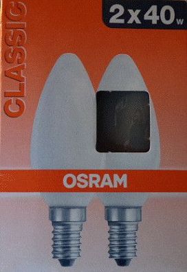 OSRAM 2x 40W 230V E14 Kerzenlampe Glühlampe Glühbirne 40 Watt matt 2 Stück