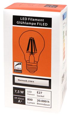 LED Filament Glühlampe McShine ''Filed'', E27, 7,5W, 800 lm, warmweiß, dimmbar, klar