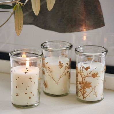 House Doctor - Windlichter Kerzen-Set Golddruck | Glas Kerzenlichter Floral