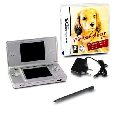 DS Lite Handheld Konsole silber #73A + Spiel Nintendogs - Dachshund & Friends