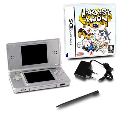 Nintendo DS LITE Konsole in SILBER #73A + ähnl Ladekabel + Spiel Harvest MOON DS