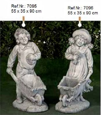 Mädchen & Junge mit einer Schubkarre aus Weißstein - Ref. Nr. 7095 & 7096