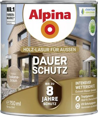 Alpina Dauer-Schutz Holz-Lasur für Außen Toskanabraun 750 ml