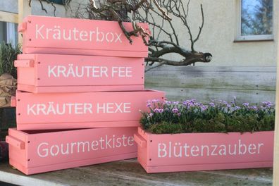 Blumenkasten mit Druck Pflanzkasten Holzkiste Holzgriffe Blumenkasten rosa / pink
