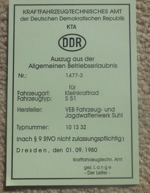 AGB für Kleinkrafträder S51, Simson, DDR, Oldtimer