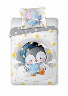 Baby Bettwäsche mit Pinguin mit Schlafmütze 100x135 cm 100% Baumwolle