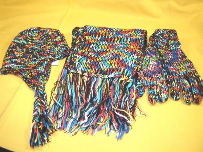 Set Inkamütze Strick schwarz bunt mit Schal und Handschuh multicolor B14