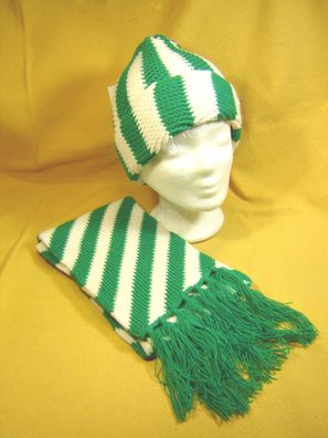 Vintage Strickset Mütze und Schal grün weiß gestreift Strickmütze p ZB1