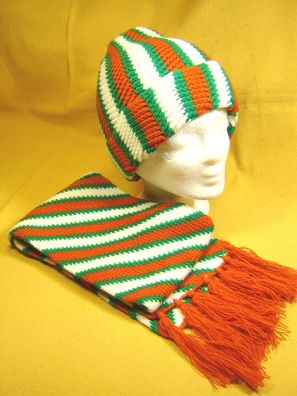Vintage Strickset Mütze und Schal grün orange weiß gestreift Strickmütze p ZB1