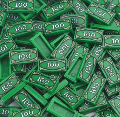 50 Stück City Fliese bedruckt 1x2 grün Geldschein Cash 100 - Lego kompatibel
